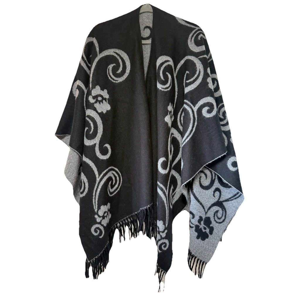Gray Black Poncho Reversible One Size Blanket Shawl Wrap Cape Tribal Outwear